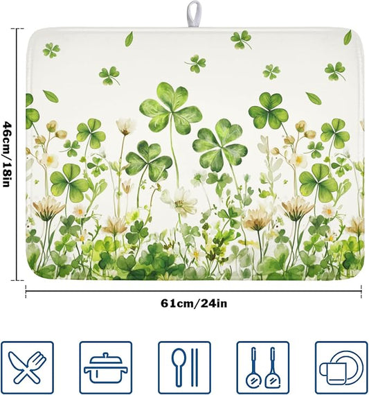 St Patrick's Day Dish Drying Mat 18 x 24 Inch Green Clover Dish Drainer Rack Mat Absorbent Microfiber Mats for Shamrock Dish Pad Spring Lucky Dish Pad for Kitchen Bar Decor