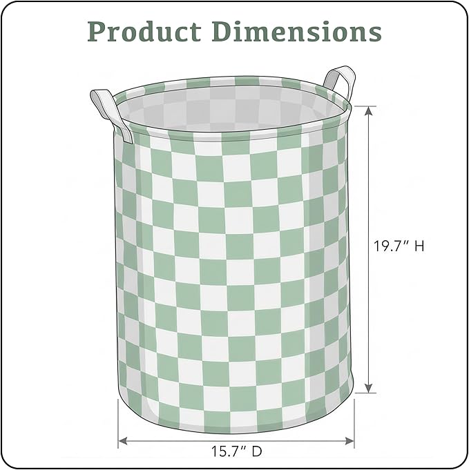 Sage Green Checkered Laundry Basket, Collapsible Aesthetic Cute Canvas Organizer Hamper Basket for Storage, Toy Bins, Bedroom Clothes, Children Nursery, Gift Basket