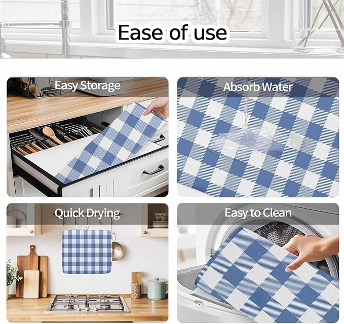 Dish Drying Mat Buffalo Plaid Blue Check Drying Mats for Kitchen Counter Farmhouse Style Absorbent Microfiber Dish Drainer Quick Drying Coffee Mat with Hanging Loop, 16 x18 inch