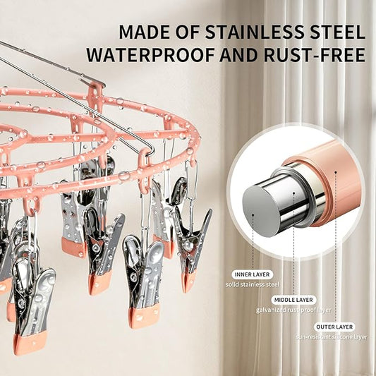 PHYDELU Drying Rack Clothing with 24 Clips,Sock Hanger for Drying,Hanging Clothes Dryer Underwear Hangers Racks Laundry Herb Socks Panty Wet Bra Lingerie Baby Delicates Foldable Small Indoor Metal