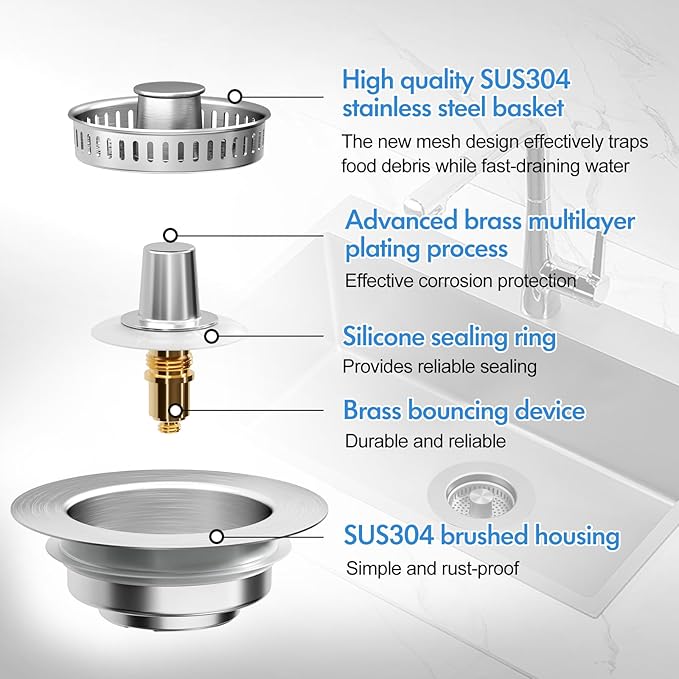 3 in 1 Kitchen Sink Drain Strainer & Sink Stopper, 304 Stainless Steel Pop Up Sink Drain Stopper with Anti-Clogging Basket for US Standard (Silver)