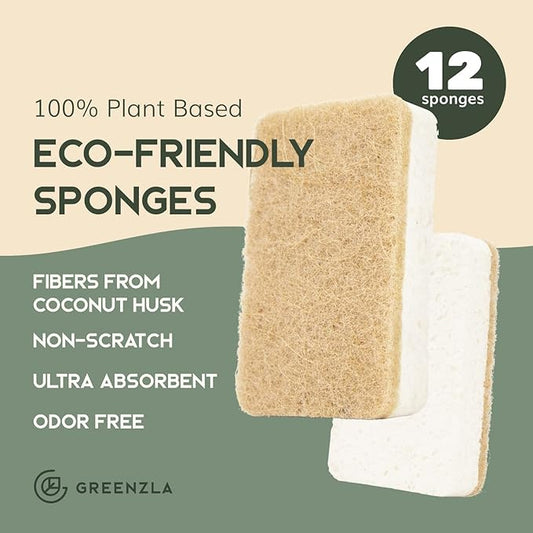 Greenzla Kitchen Sponges, Plant-Based Dish Sponges, Non-Scratch Sisal Hemp Scouring Pads for Dishes, Countertops, Bathtubs, and Tiles, 12 Pack