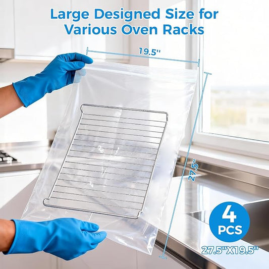 4 Pack Large Oven Grill Cleaning Bags(19.6''X27.5''), Heavy Duty Oven Rack Cleaner Bags - No Messy Hands Reusable Soak-off Cleaning Kit for Grate & Grill Rack,No Cleaner Included