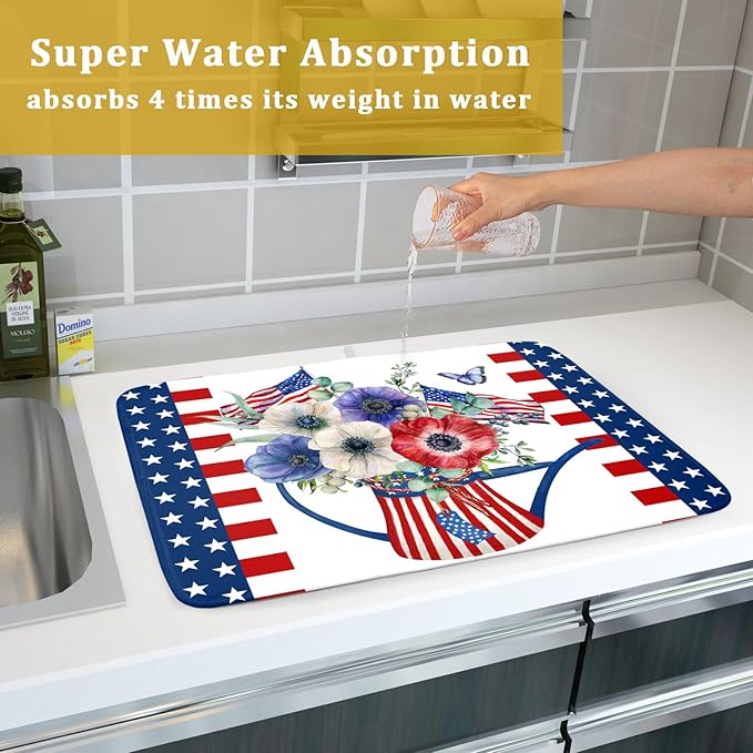 Patriotic American Flag Dish Drying Mat 18x24 Inch Spring Summer Flower 4th of July Memorial Kitchen Mats Vintage Absorbent Dishes Pad for Kitchen Counter Memorial Home Decorations for Countertops