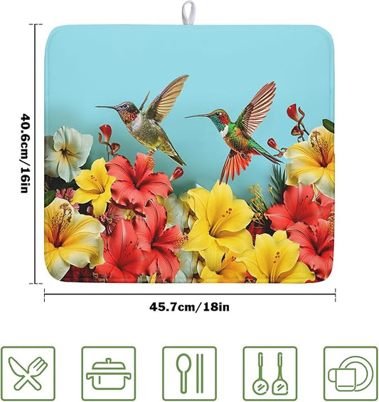 Kawani Spring Hummingbirds Floral Dish Drying Mat for Kitchen Counter 16x18 In Spring Hibiscus Tropical Drying Mat Fast Dry Absorbent Microfiber Dish Drainer Rack Pad Flower Mat for Countertop Decor