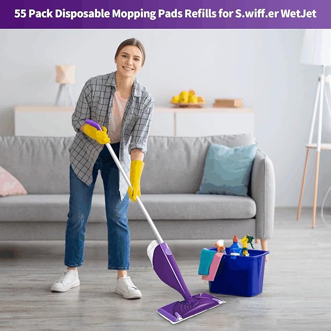55 Count Wet Jet Pads Refills Compatible with Swiffer WetJet, Disposable Mop Pads for Multi-Surface Floors, Thick & Super Absorbent Wet Mop Refills for Hardwood, Tile, Laminate Cleaning