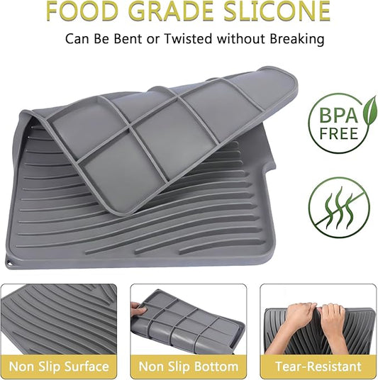 Silicone Drying Mat, 16"X13" With Built-in Drain Lip,Heat-Resistant,Eco-friendly,Hygienic Drying Pad,Leak-Proof and Non-Slip,Silicone Dish Drying Mat for Kitchen Counter or Sink(Gray 16X13)