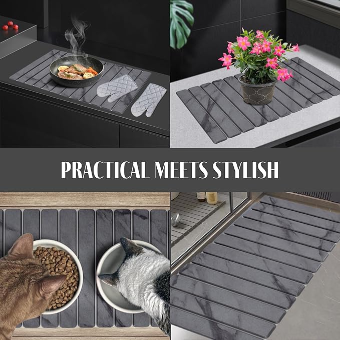 2 PCS Extra Large Stone Dish Drying Mat for Kitchen Counter, 28"×16" Marble Dish Drying Mat with 8"x 4" Coasters, Non - Slip Collapsible Absorbent Mat for Multi - Purpose, Match Any Countertop