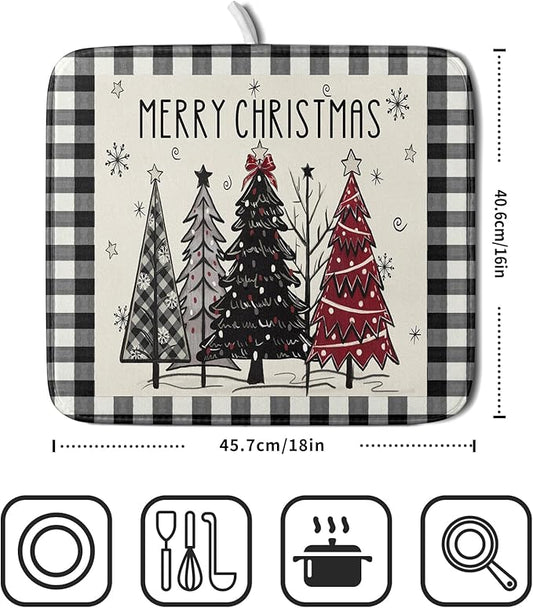 Merry Christmas Tree Dish Drying Mat for Kitchen Counter 16x18 Inch Black Red Grey Xmas Plaid Print Absorbent Reversible Microfiber Drying Mats Kitchen Countertop Protector Dishes Drainer Rack Pad