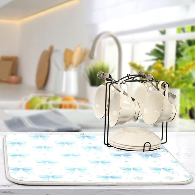 Blue Bow Ribbon Dish Drying Mat for Kitchen Countertop 16x18 Bowknot White Coquette Pattern Small Drying Mat Reusable Quick Dry Dish Sink Mats Easy Clean Decorative Essentials