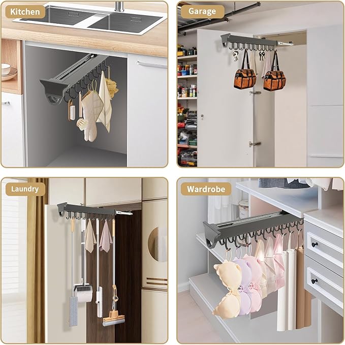 Pull-Out Mop and Broom Holder Slide Broom Closet Organizer Sliding Garage Storage Rack with 20 Adjustable Hooks, 22 in Wall Mount Sliding Organizer Rack for Closet, Kitchen, Laundry