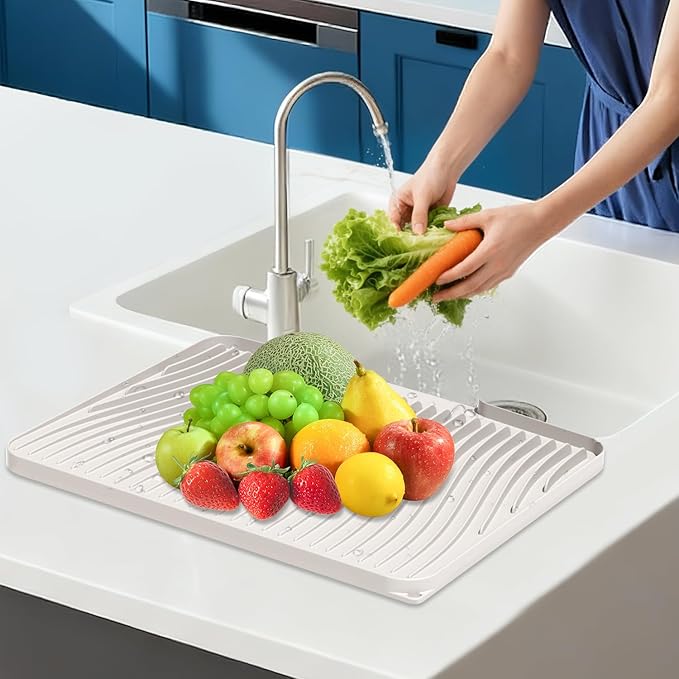 Silicone Dish Drying Mat for Kitchen Counter, Non-Slip Drain Pad, Dish Drying Pad, Easy to Clean Dish Rack Pad, Multi-Use as Heat Resistant Trivet, 19.7" x 17" , Cream