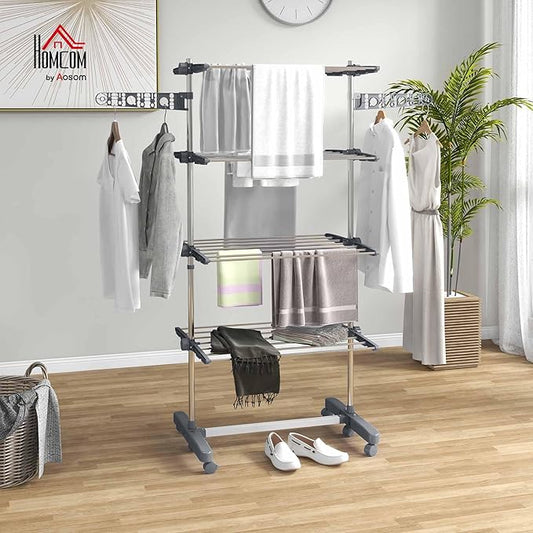 HOMCOM Folding Clothes Airer in Stainless Steel and Plastic, Space-Saving Vertical Drying Rack with 6 Wheels, Hooks and 4 Adjustable Shelves for Indoors, 142 x 55 x 172 cm, Silver Grey