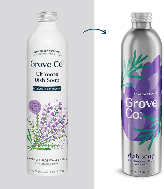 Grove Co. Ultimate Dish Soap Refills (3 x 16 Fl Oz) Removes 48-hour Stuck-on Food and Grease, Plastic-Free Cleaning Products, 100% Natural Lavender Blossom & Thyme Fragrance