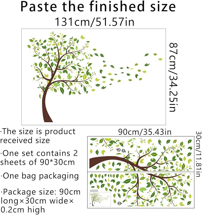 2 Pieces Tree Peel & Stick Wall Art - Large Leaf Stickers, Vinyl Wall Stickers & Murals - Removable Forest Decor for Bedroom, Living Room, Classroom, Nursery, Playroom