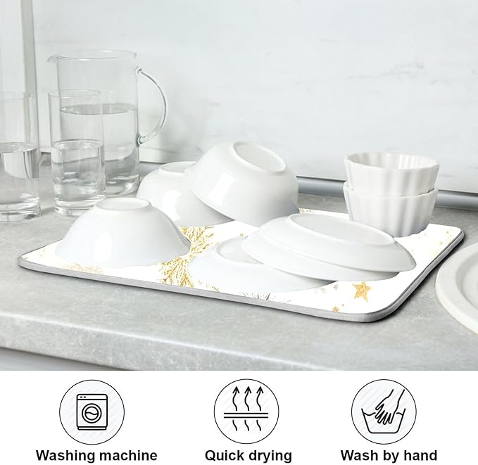 Winter Snowflake White Dish Drying Mat for Kitchen Countertop 18x24 Christmas Snow Golden Xmas Large Drying Mat Reusable Quick Dry Dish Sink Mats Easy Clean Decorative Essentials