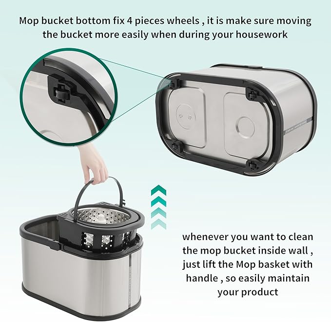 Stainless Steel Spin Mop and Bucket with Wringer Set, 360° Spinning Mop Bucket Floor Cleaning System with 4 Microfiber Mop Replacement Heads