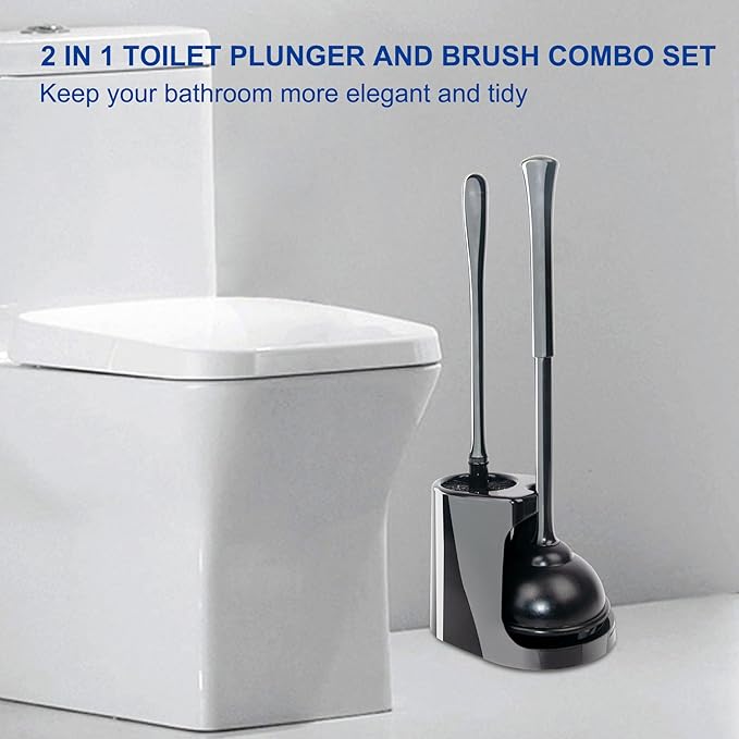 CELOX Black Toilet Plunger and Brush Set with Holder for Bathroom, 1 Set,Silver-Black