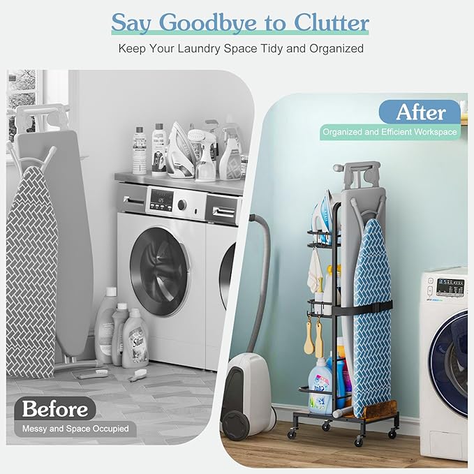 Ironing Board Hanger,Iron and Ironing Board Holder No Wall Mount,Laundry Room Organization and Storage Cart with Iron Stand,Narrow Laundry Shelves Organizer Cabinet,Laundry Room Essentials Accessories