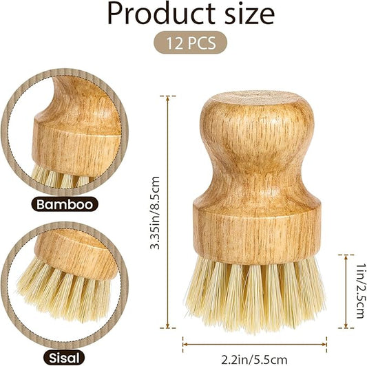 12 Packs Bamboo Dish Scrub Brush Wooden Washing Scrubbers with Sisal Bristles Kitchen Palm Pot Brush Round Mini Dish Brushes for Household Iron Pot Pan Sink Sink Vegetables Cleaning