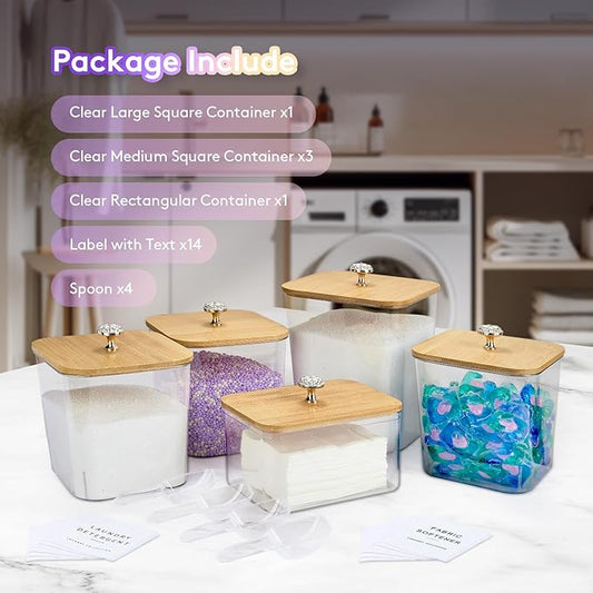 POLRAI 5 Pack Laundry Pod Containers and Dryer Sheet Holder for Laundry Room Organization Clear Jars with Lids and Labels for Laundry Detergent Laundry Pods Dry Sheet Organizing