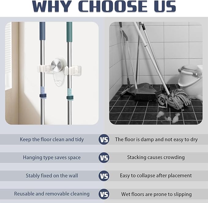 2 Pieces Self Adhesive Broom Holder Wall Mount, No Punching Heavy Duty Broom and Mop Organizer, Non-slip Mop Hanger with 2 Slots & 1 Hook for Bathroom Kitchen Laundry Room, Clear, Gray