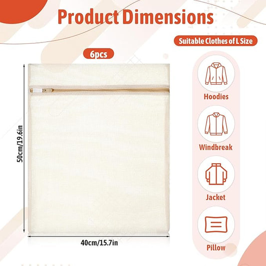 6 Piece Organic Cotton Mesh Laundry Bag Bulk, Durable Mesh Wash Bags with Sturdy Zippers and Breathable Meshes, for Underwear, Clothes, Shoes, Socks, 15.7 * 19.7Inch