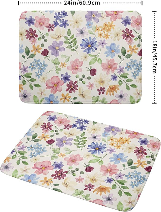 Spring Floral Dish Drying Mat for Kitchen Counter 18x24 Easter Green Pink Purple Blue Cute Flower Print Absorbent Reversible Microfiber Drying Mats Kitchen Countertop Protector Dishes Drainer Pad