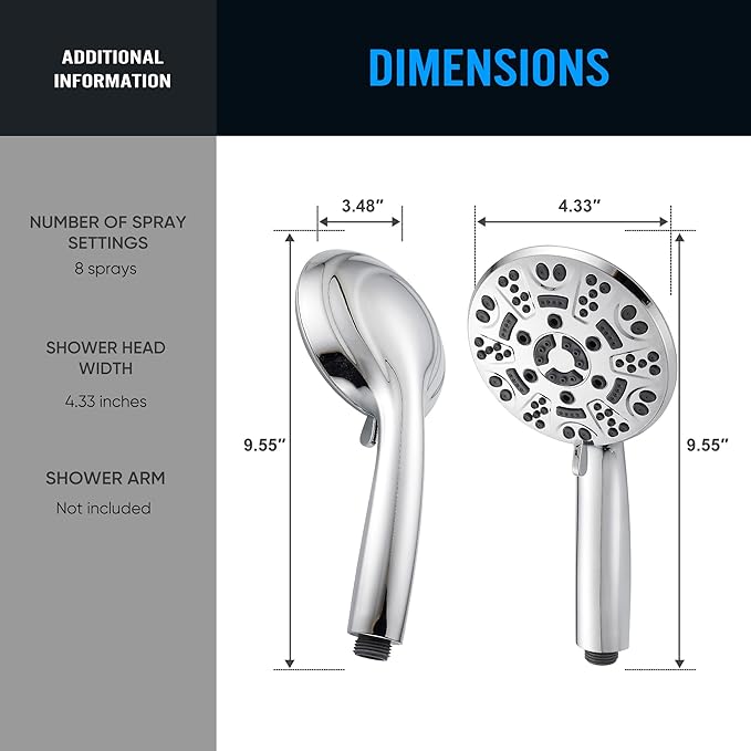 Cobbe 8-Setting Handheld Shower Head with High Pressure Shower Heads - Bathroom Showerhead Set - Detachable Showerhead with 5ft Stainless Steel Hose and Brass Swivel Bracket (Chrome)
