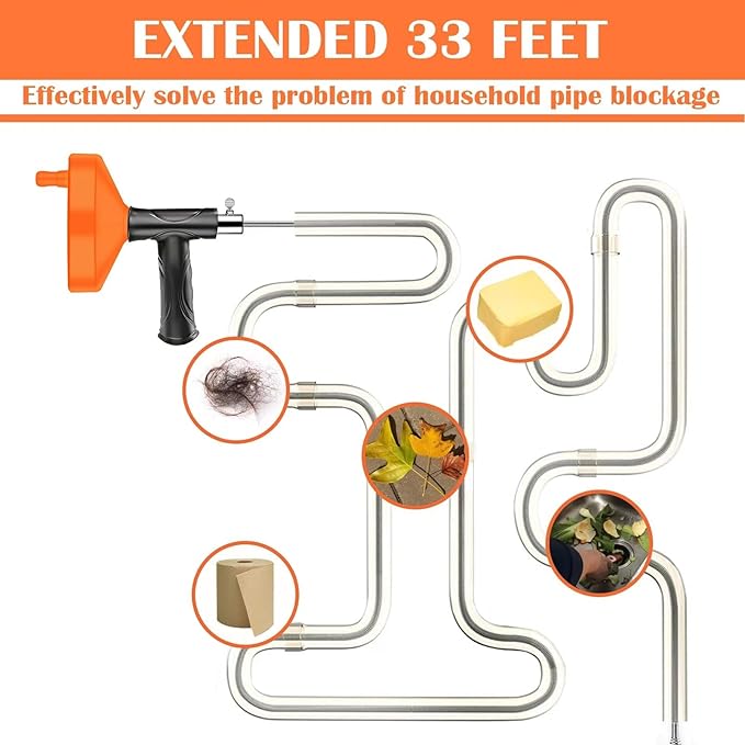 Drain Snake Auger (33 Feet), Plumbing Snake Drain Hair Clog Removal Tool, Sink Unclogger Drain Cleaner Tool for Bathroom Kitchen Tub Shower with Gloves
