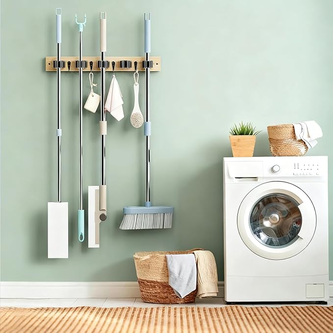 Mop and Broom Holder Wall Mount - Bamboo Broom Mop Hanger - Wall Mounted Garden Tool Rack Organizer for Closet Garage Laundry Room Kitchen Decor With 5 Slots & 4 Hooks (Bamboo)