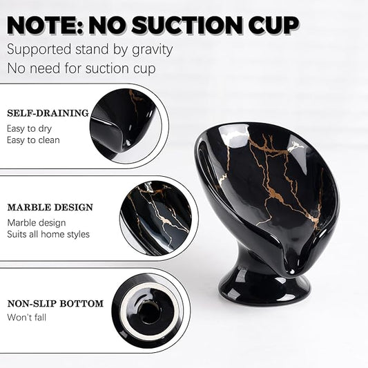 Soap Dish, Ceramic Soap Holder Self Draining Leaf Shape Bar Soap Holder, Marble Look Black Drain Soap Dish Holder for Bathroom, Easy to Clean Keeps Soap Dry, ANTIS'S HOME