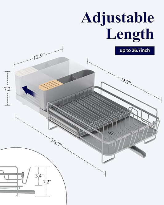 Kitsure Large Dish Drying Rack - Extendable Dish Rack, Multifunctional Dish Rack for Kitchen Counter, Anti-Rust Dish Drainers with Cutlery & Cup Holders 19.2"-26.7" L x 12.9" W, Grey