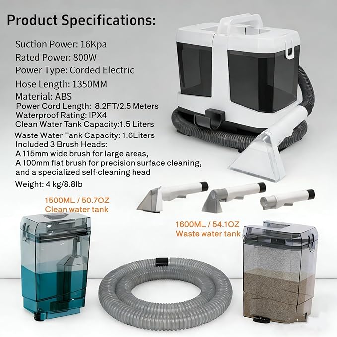 Foandbevi Portable Carpet & Upholstery Cleaner Machine, 800W Brushless Motor 16KPa Powerful Suction Self-Cleaning with 3 Brush Heads, Deep Cleaning Spot Shampooer for Pet, Sofa, Couch, Car & Area Rugs