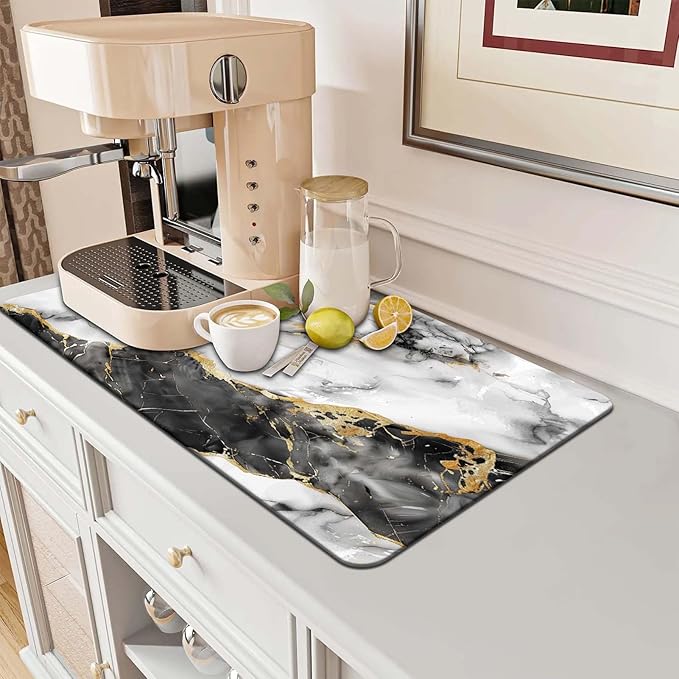 MCALK Marble Black Dish Drying Mat for Kitchen Counter, Luxurious Marble Texture Dish Drying Pad with Anti-Slip Rubber Base, Absorbent Kitchen Sink Mat with Modern Art Decor (1 pc 18" x 16")