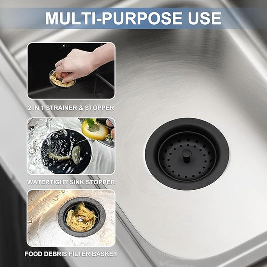 ZM Kitchen Sink Stainless Steel Deep Locking Basket Strainer with Drain Assembly,Black, 3-1/2 Inch Sink Drain Stopper Plug
