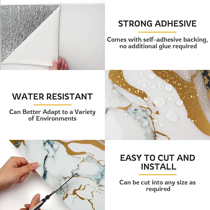 Marble-Effect Peel and Stick Backsplash, 30 Sheets PVC Wall Panels, Self-Adhesive Waterproof for Kitchen, Bathroom, 11.8" x 11.8"