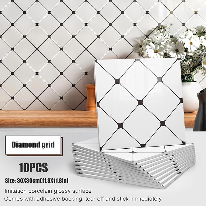 Chejiaye Peel and Stick Backsplash Tiles 10-Pack - White Geometric Self-Adhesive PVC Wall Panels, Waterproof Kitchen Backsplash Stick on Tile for Kitchen,Bathroom, Laundry Room Walls (11.8"x11.8")