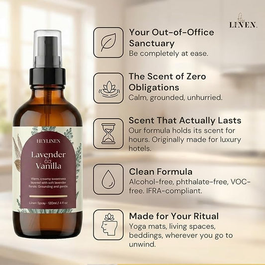 Lavender & Vanilla Linen Spray | Relaxing Aromatherapy Made with Pure Essential Oils | Fabric Freshener for Yoga Mats Living Room Couch Beddings | 4 fl oz
