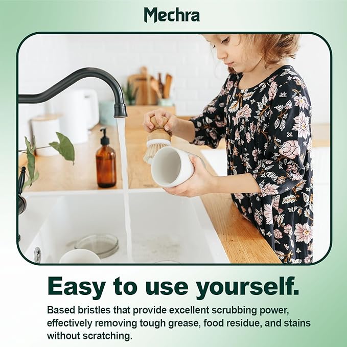 Bamboo Dish Scrub Brush with Natural Bristles by Mechra โ Eco-Friendly Kitchen Cleaning Brush, Ergonomic Wooden Handle for Dishwashing, Pots, Pans & Sink Scrubbing
