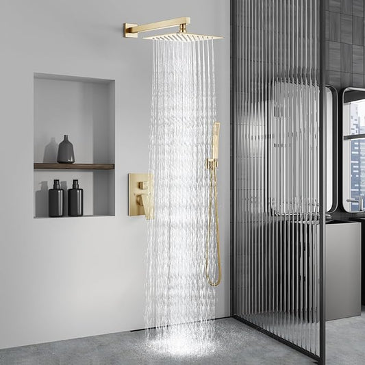 Aolemi Shower Faucet Set Rain Shower System with Handheld Spray Bathroom Shower Combo Rough-in Valve and Shower Trim Kit Included Brushed Gold 12 Inch Wall Mount Shower Head
