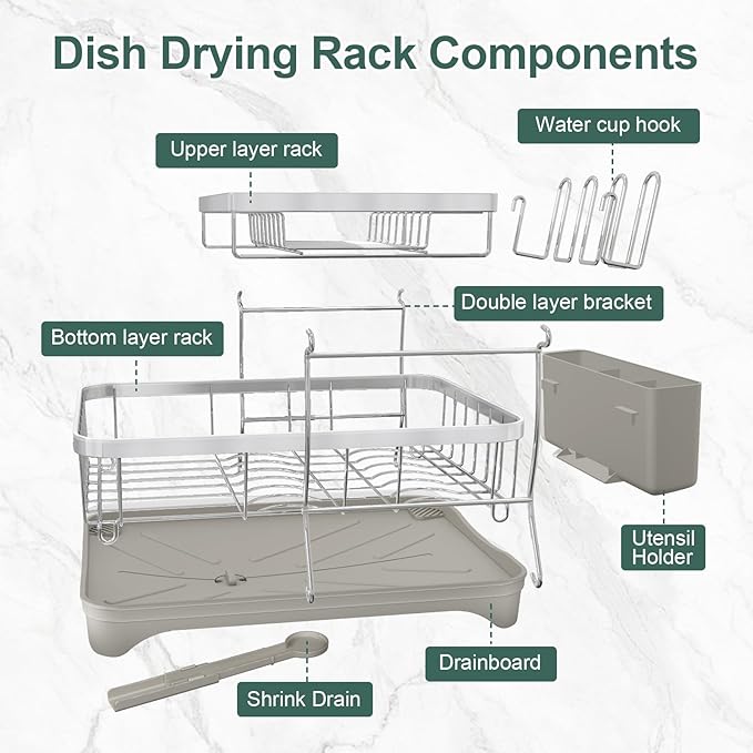 LIYI Dish Drying Rack,Large Dish Rack for Kitchen Counter,2-Tier Dish Racks with draining Tray,Detachable Capacity Dish Drainer Organizer,Grey