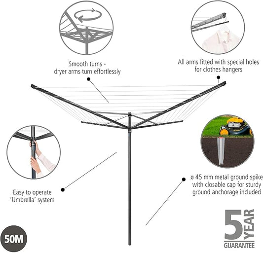 Brabantia Topspinner Outdoor 4 Arm Spinning Clothesline (164 ft/Ø 1.8") Rotating, Folding Clothes Drying Rack + Ground Spike (Anthracite)