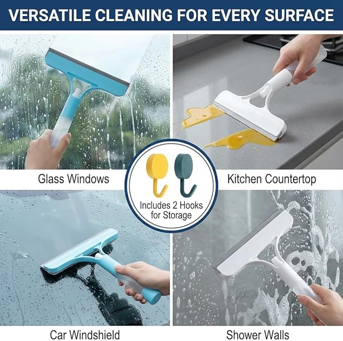 2 Pack 3 in 1 Window Cleaning Scraper, Window Squeegee with Sprayer, Window Squeegee Cleaner Tool with Built-in Spray Bottle for Car Windows Mirrors Shower Glass Bathroom Tiles Home Kitchen Flooring