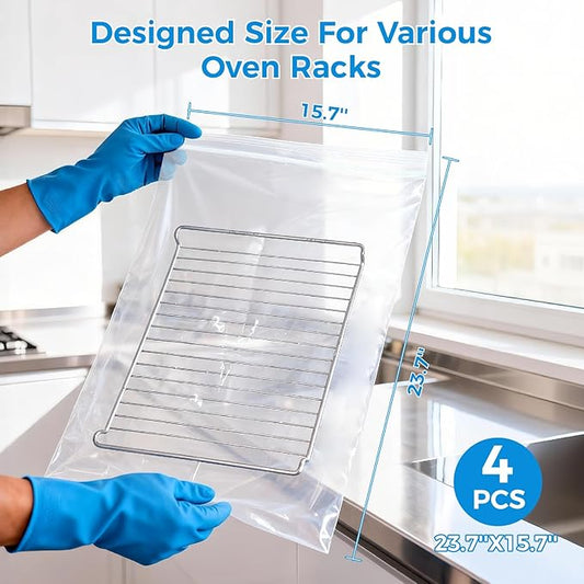 4 Pack Oven Grill Cleaning Bags(15.7''X23.7'', Heavy Duty Oven Rack Cleaner Bags - No Messy Hands Reusable Soak-off Cleaning Kit for Grate & Grill Rack,No Cleaner Included