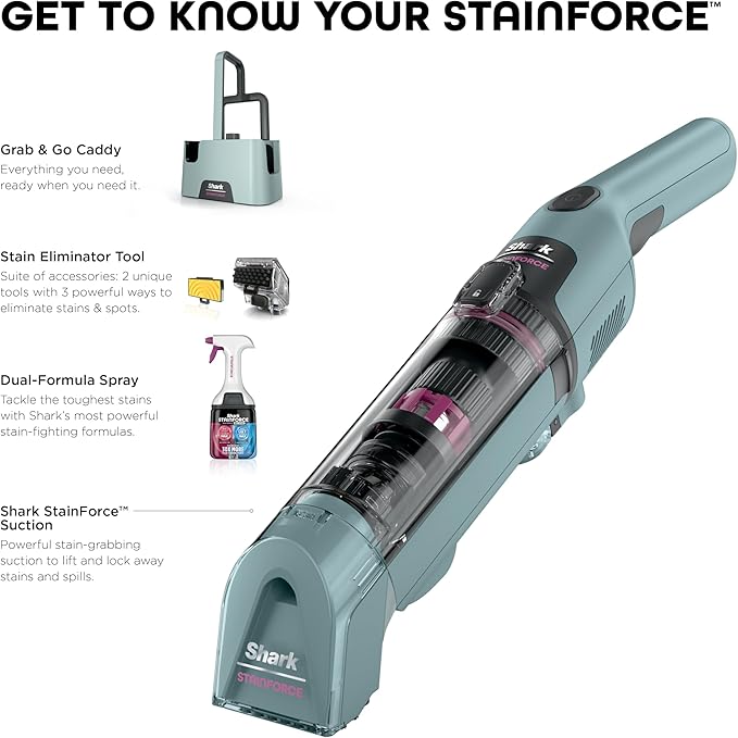 Shark StainForce Cordless Portable Spot, Stain, & Odor Remover System for Carpets, Area Rugs, Upholstery, Stairs, with Storage Caddy, Accessories, and Full-Size Cleaning Solution, HX101 (New)