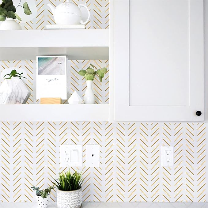 Orainege Yellow and White Peel and Stick Wallpaper Yellow Contact Paper 17.7 in x393.7 in Herringbone Geometric Wall Paper Peel and Stick Modern Lines Decorative Self Adhesive Wallpaper for Bedroom