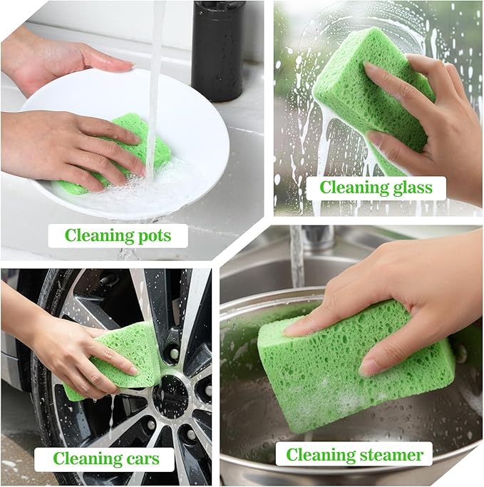 6 Pack Cellulose Sponges Large Size Heavy Duty Scrub Kitchen Sponge Clean Tough Messes Cookware Scrubbers Non Scratching Kitchen Cleaning Pads for Household Bathroom Office Home (Green)