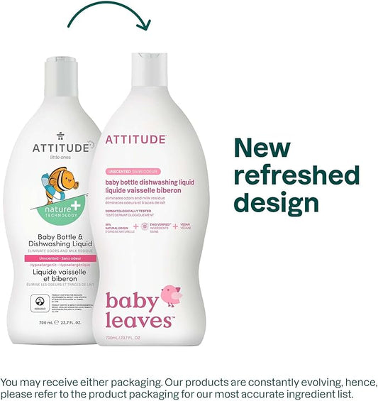 ATTITUDE Baby Bottle & Dish Soap, EWG Verified Bottle Cleaner, Fragrance Free & Dye Free, Removes Milk Residue & Grease, Vegan, Unscented, 23.7 Fl Oz