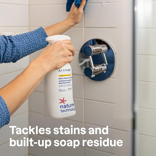 ATTITUDE Shower & Tile Cleaner Spray, EWG Verified, Bathroom Cleaner Removes Soap Scum & Grime, Plant-Based & Vegan, Citrus Zest Scent, 27.1 Fl Oz